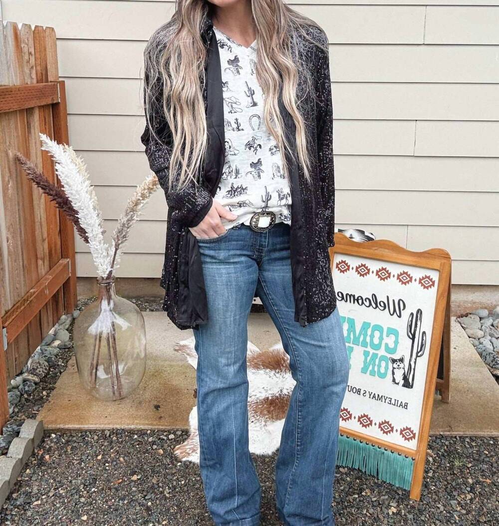 NEW BLUE BUTTERCUP sequin button button front top in black